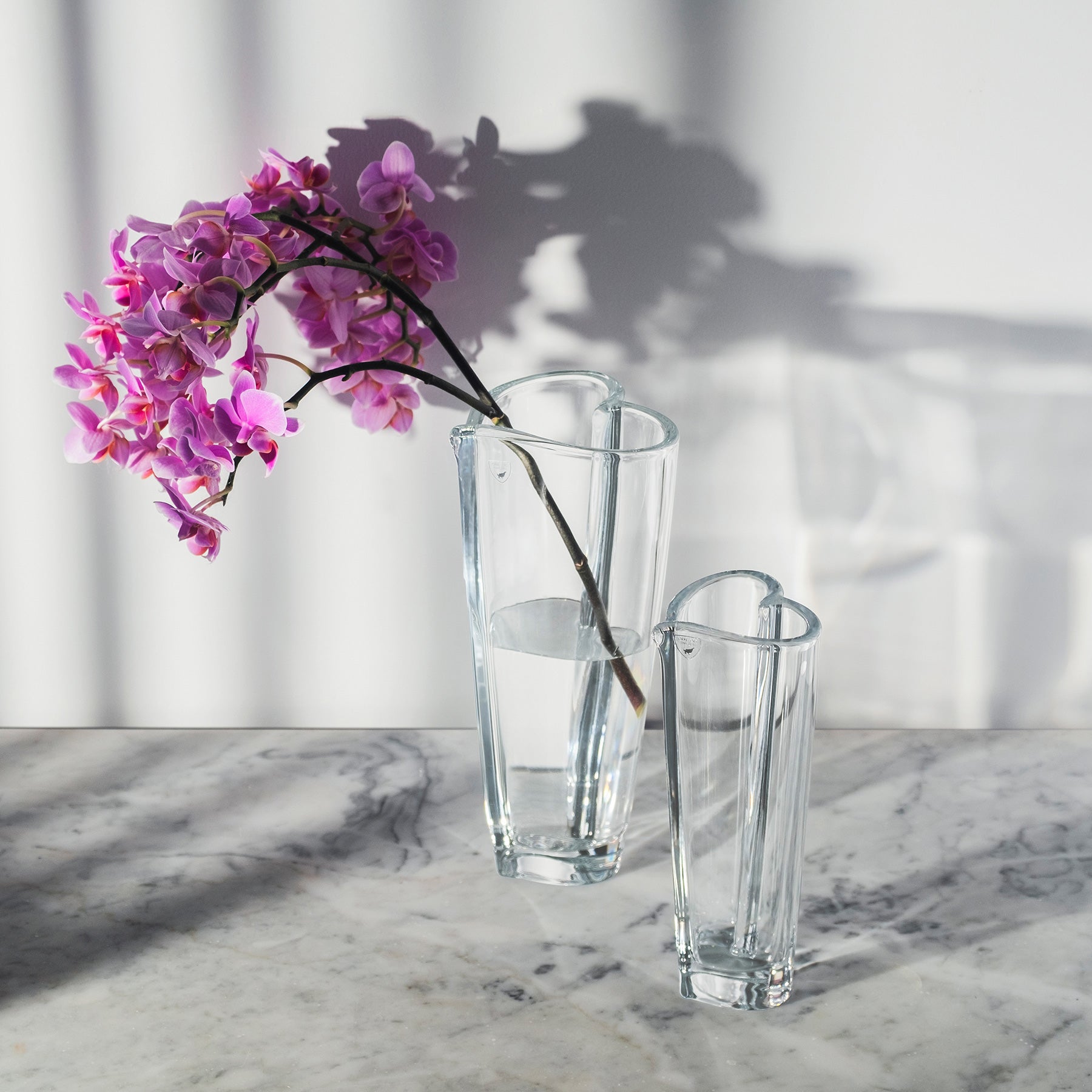 Heart collection vases with floral arrangement on marble surface and light background